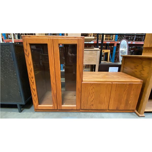 OAK GLASS FRONT ENTERTAINMENT STAND ON WHEELS