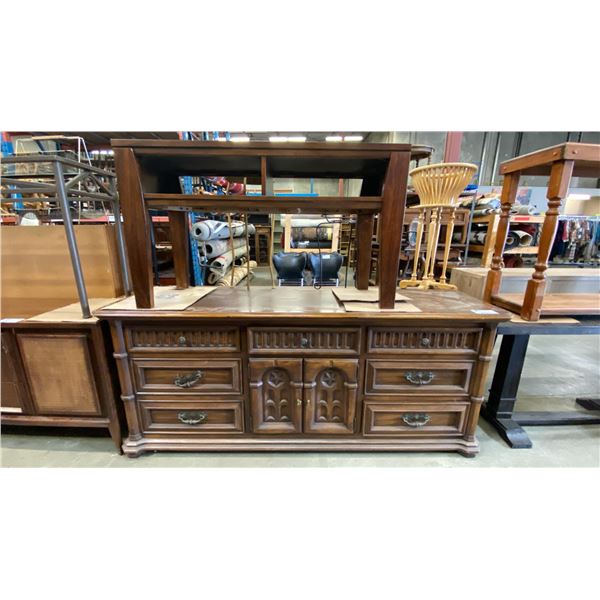VINTAGE DARK OAK 2 DOOR/7 DRAWER DRESSER AND MAHOGANY SOFA/HALL TABLE