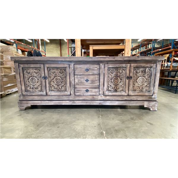 LARGE MEXICAN PINE CARVED FRONT 4 DOOR/3 DRAWER SIDEBOARD - 106" ACROSS