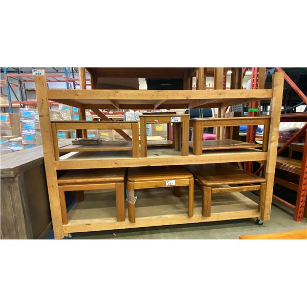 LARGE WOODEN MOBILE STORAGE SHELF -APPROX. 99" X 51" X 72" HIGH