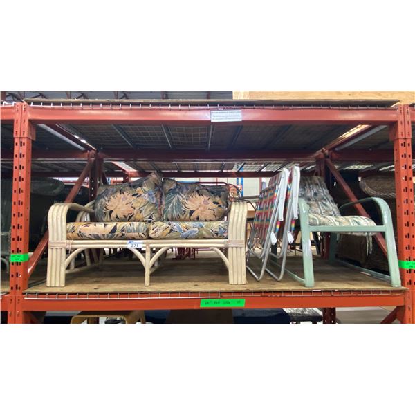 RATTAN LOVESEAT WITH CUSHIONS, 2 FOLDING PATIO CHAIRS AND 1 ADJUSTABLE GREEN METAL PATIO CHAIR