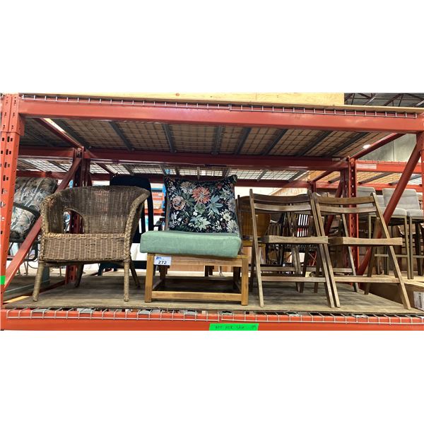 SET OF 4 FOLDING WOODEN CHAIRS, WOOD PATIO CHAIR WITH CUSHIONS AND 1 WICKER CHAIR