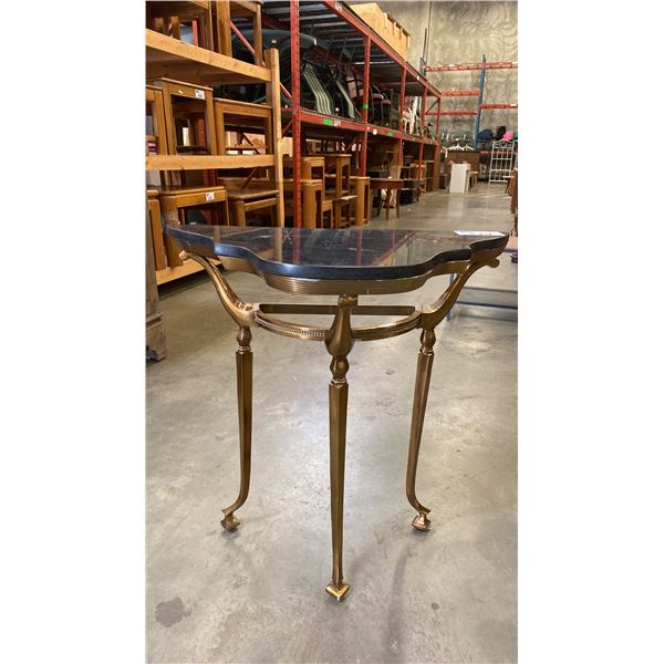 HEAVY BLACK MARBLE TOP HALL TABLE WITH HEAVY BRASS BASE
