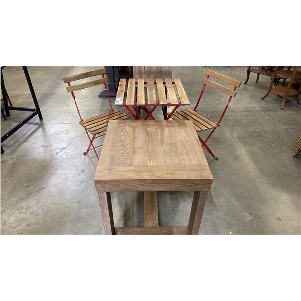 3 PCS. RED METAL WITH WOOD BOARD FOLDING BISTRO/PATIO SET AND 1 CONTEMPORARY BEIGE OAK