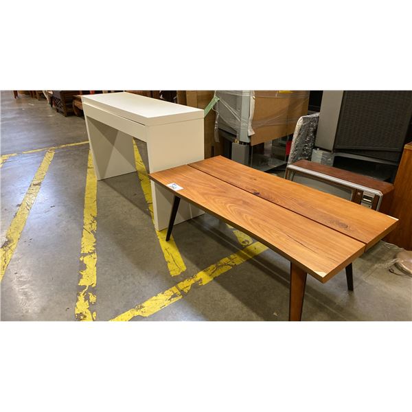 FAUX WOOD LIVE EDGE COFFEE TABLE AND WHITE SINGLE DRAWER SOFA TABLE