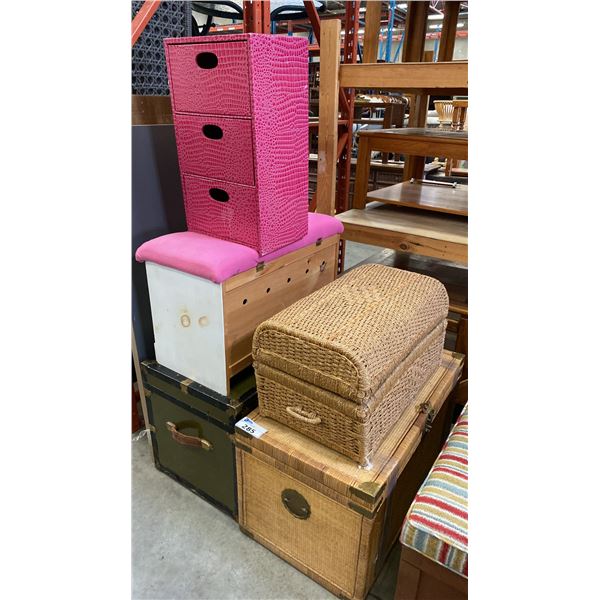 GROUP OF 4 ASSORTED TRUNKS AND SMALL PINK 3 DRAWER STORAGE BOX