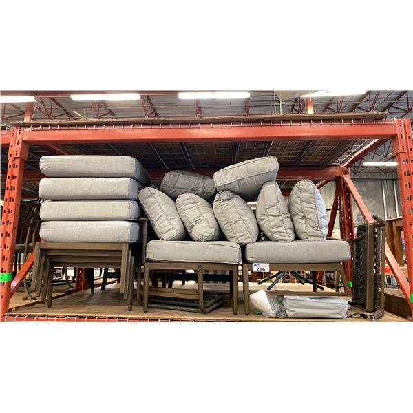GROUP OF 6 GREY AND BEIGE ALUMINIUM FRAMED PATIO CHAIRS WITH CUSHIONS