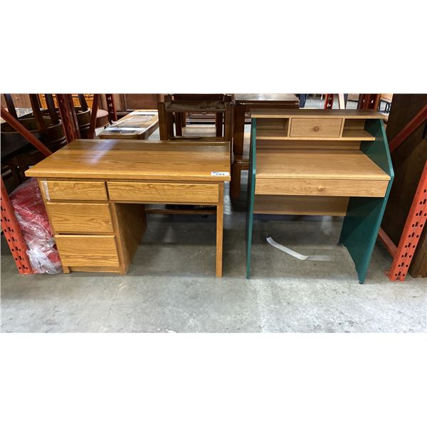 2 SMALL DESKS - SOLID OAK 4 DRAWER AND GREEN & NATURAL 2 DRAWER
