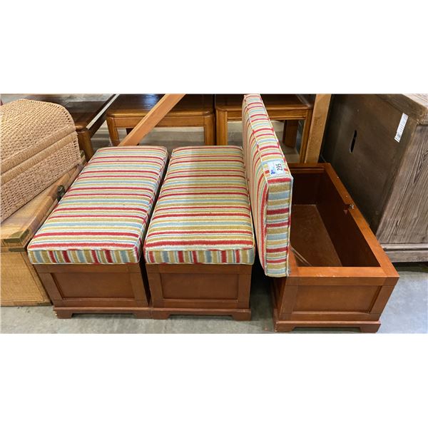 GROUP OF 3 LIDDED STORAGE TRUNKS WITH CUSHIONED SEATS