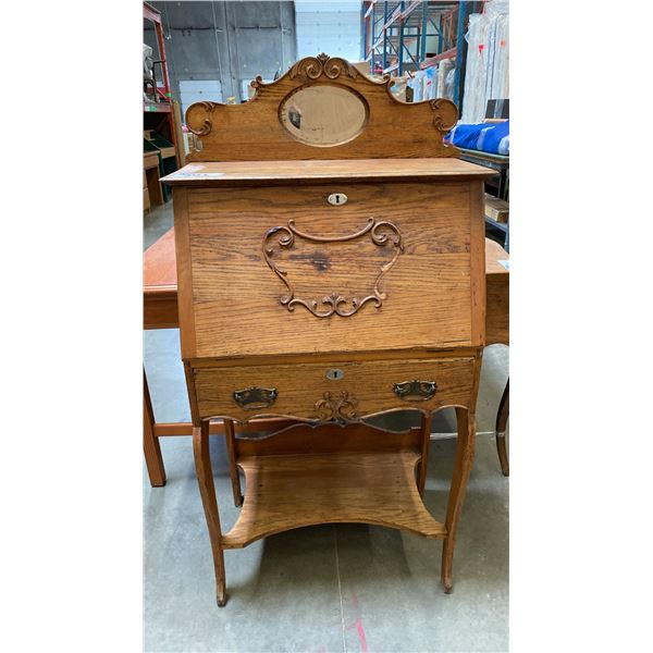 EARLY 1900"S MIRRORED BACK OAK DROP FRONT DESK