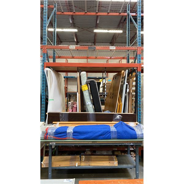 LARGE GROUP OF ASSORTED SIZE BED FRAMES - HEADBOARDS/FOOTBOARDS/RAILS AND SLATS *MUST TAKE ALL*