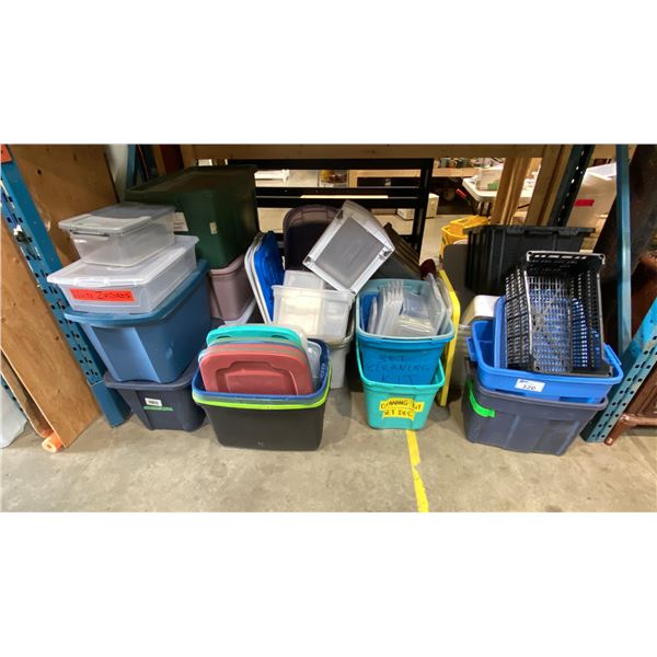 LARGE GROUP OF ASSORTED PLASTIC STORAGE BINS AND LIDS