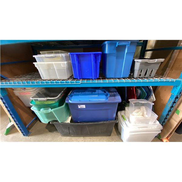 LARGE GROUP OF ASSORTED PLASTIC STORAGE BINS AND RUBBISH BAGS