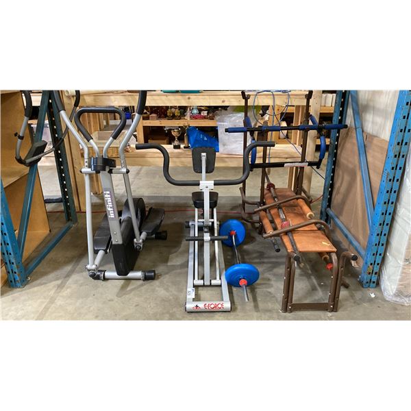 GROUP OF ASSORTED EXERCISE EQUIPMENT - WORK BENCH, TREADMILL AND EFORCE PULL-UP MACHINE