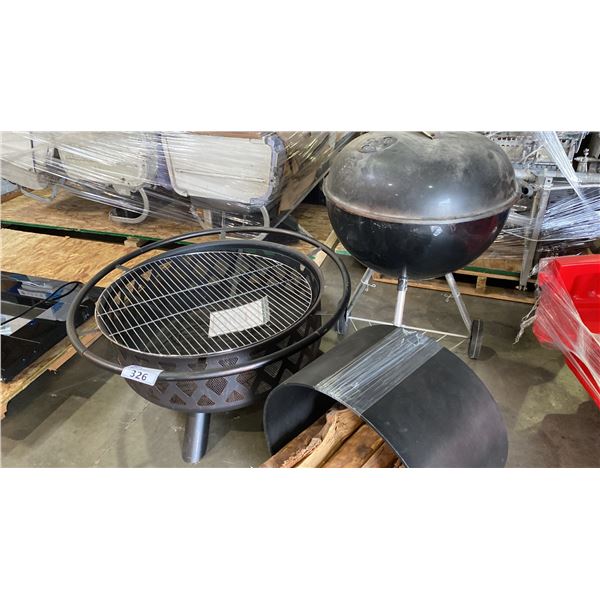 FIRE PIT, ROUND METAL WOOD HOLDER AND WEBER CHARCOAL BBQ