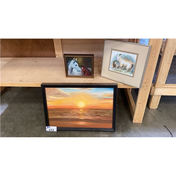 GROUP OF 3 FRAMED ART WORKS - ORIGINAL OIL ON CANVAS "SUNSET" PAINTING & 2 PRINTS