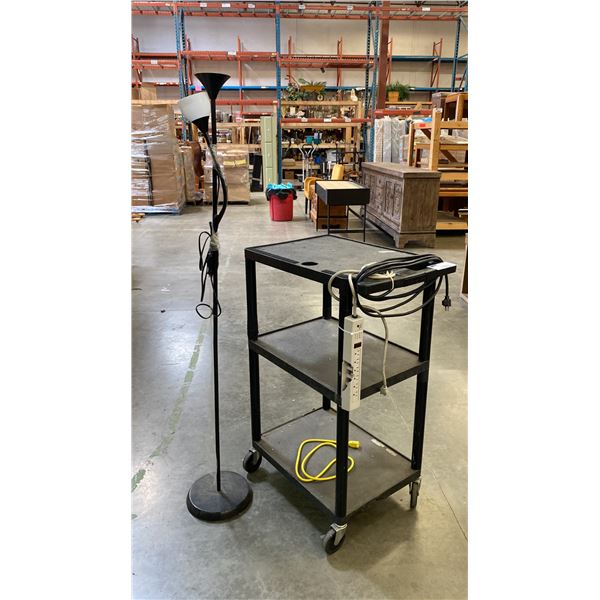 APOLLO 3 TIER MOBILE A/V STAND (BLACK) AND BLACK FLOOR LAMP