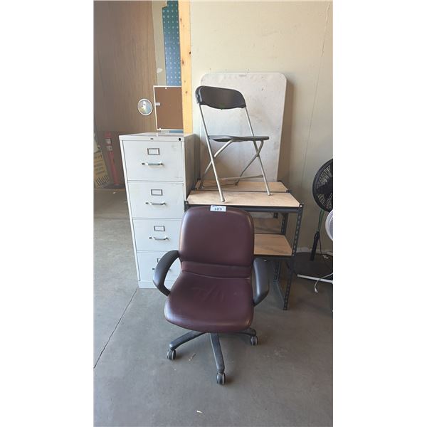 GROUP OF OFFICE ITEMS - 2 CHAIRS, 2 SMALL SHELF UNITS, UTILITY TABLE AND METAL FILE CABINET