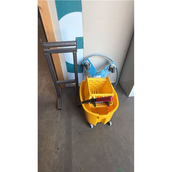 BLUE 4 WHEEL BARREL DOLLY, SHOP MATERIAL ROLLER STAND AND COMMERCIAL MOP BUCKET