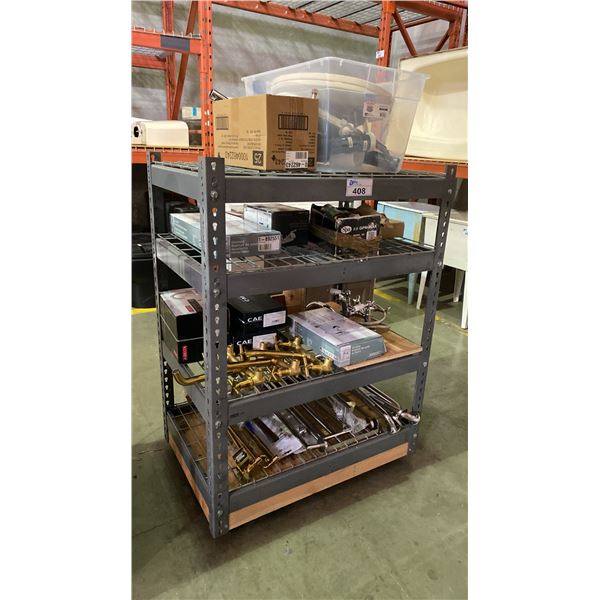 ROLLING GREY METAL SHELF UNIT FILLED WITH ASSORTED BATHROOM FIXTURES - FAUCETS, TOWEL RACKS AND MORE
