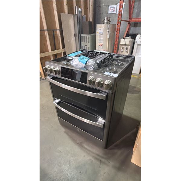 GE PROFILE STAINLESS STEEL FRONT DOUBLE OVEN (5) BURNER GAS STOVE
