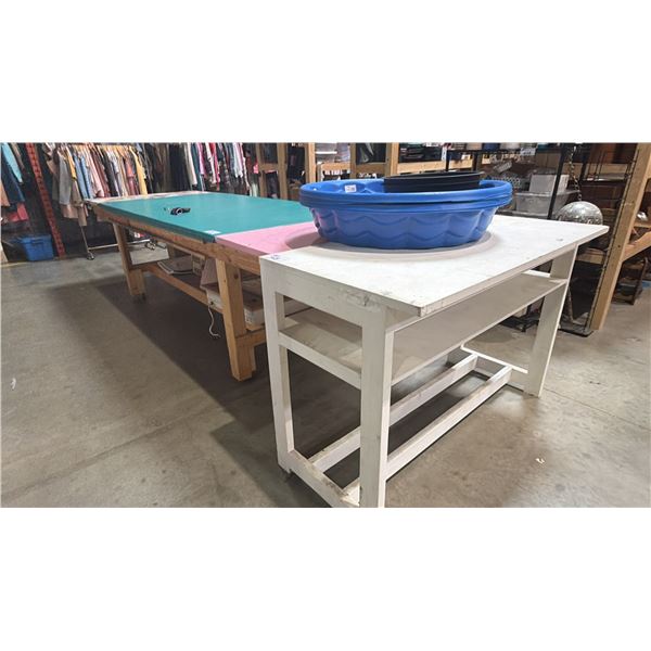 LARGE MOBILE WOODEN WORK TABLE, WHITE WOODEN WORK BENCH AND 5 FUNSICLE KIDS POOLS