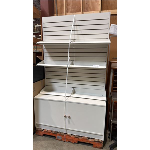 2 PCS. LARGE WHITE COMMERCIAL DISPLAY CABINET & SHELF - CABINET APPROX. 4FT X 1 3/4FT X 7FT