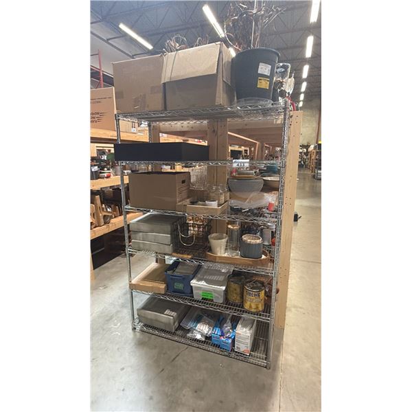 CHROME PLATED 6 TIER METAL SHELF UNIT AND CONTENTS