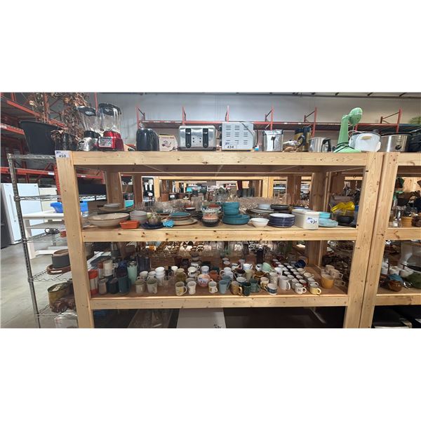 4 SHELVES OF ASSORTED HOUSEWARES - SMALL APPLIANCES, COPS, PLATES AND GLASSWARE