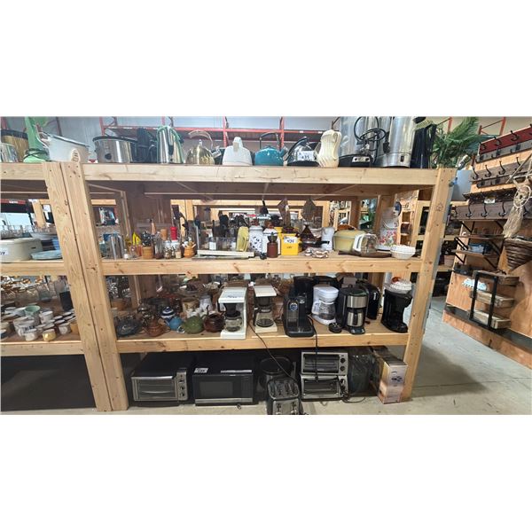 4 SHELVES OF ASSORTED HOUSEWARES - SMALL APPLIANCES, GLASSWARE, KETTLES, TEA POTS AND MORE