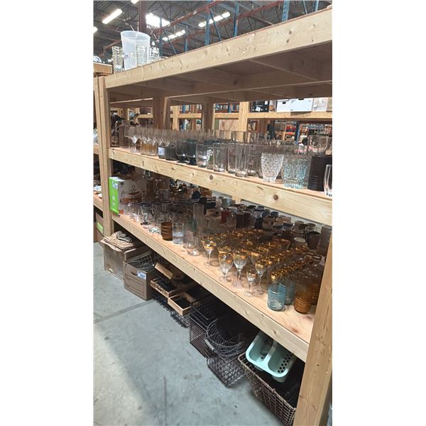 4 SHELVES OF ASSORTED HOUSEWARES - GLASSWARE, CAKE PLATE, BASKETS AND MORE