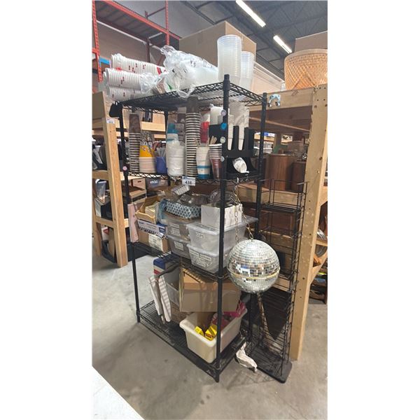 BLACK 4 TIER METAL SHELF UNIT AND CONTENTS