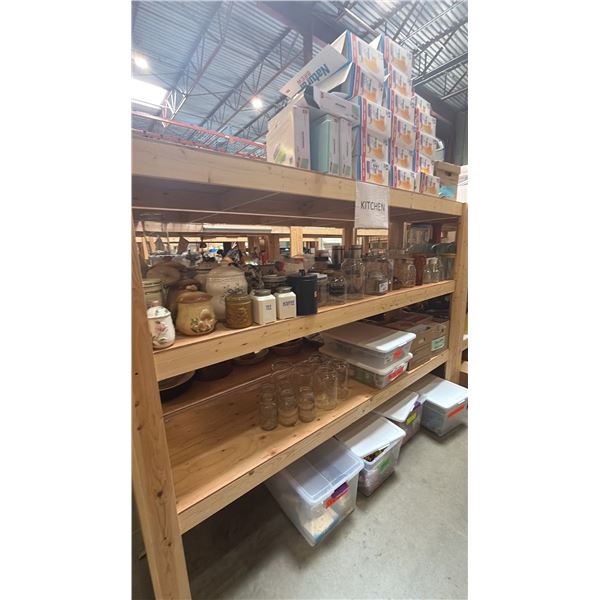 4 SHELVES OF ASSORTED HOUSEWARES - SPICES, CANNED GOODS, DRY GOODS, CANNISTERS, COCKIE JARS AND