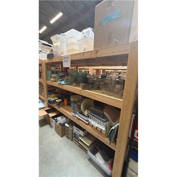 4 SHELVES OF ASSORTED HOUSEWARES - FOOD STORAGE CONTAINERS, GLASS STORAGE JARS, STAINLESS STEEL