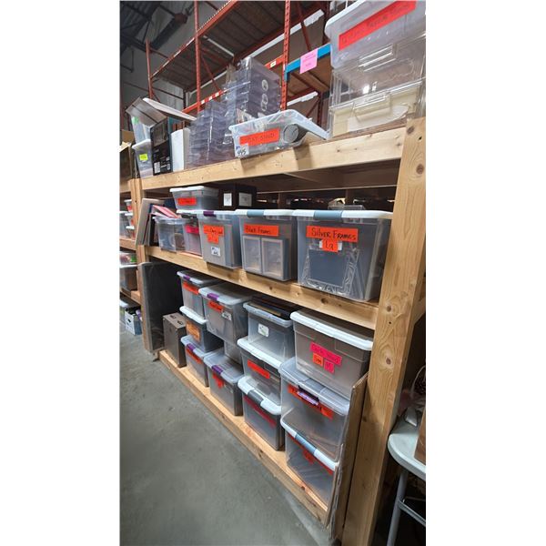3 SHELVES OF ASSORTED PICTURE FRAMES IN PLASTIC STORAGE BINS