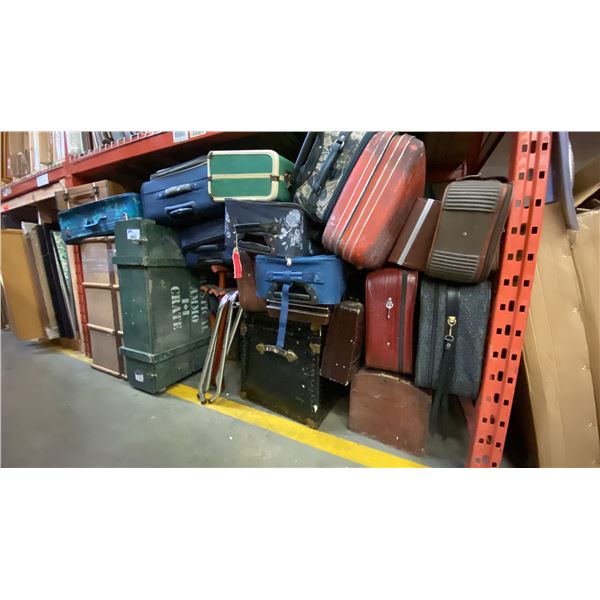 LARGE GROUP OF ASSORTED SUITCASES, TRUNKS AND WOODEN CRATES