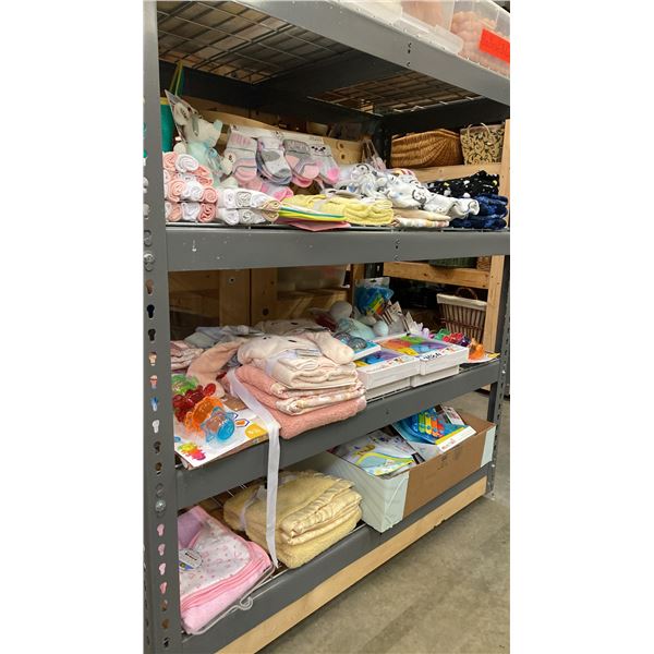 3 SHELVES FULL OF "NEW" BABY WEAR AND TOYS