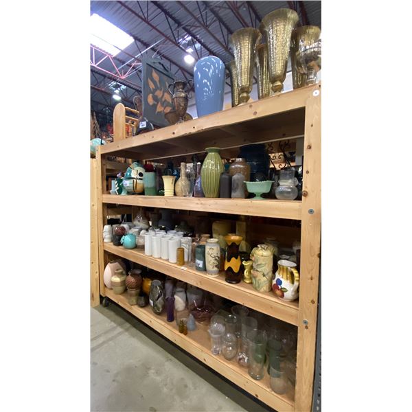 4 SHELVES FULL OF ASSORTED DECORATIVE PIECES - MOSTLY VASES AND BOWLS