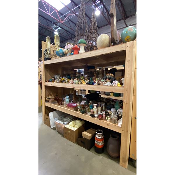 4 SHELVES FULL OF ASSORTED DECORATIVE PIECES - CLOCKS, FIGURINES, BOWLS, CANDLES AND MORE