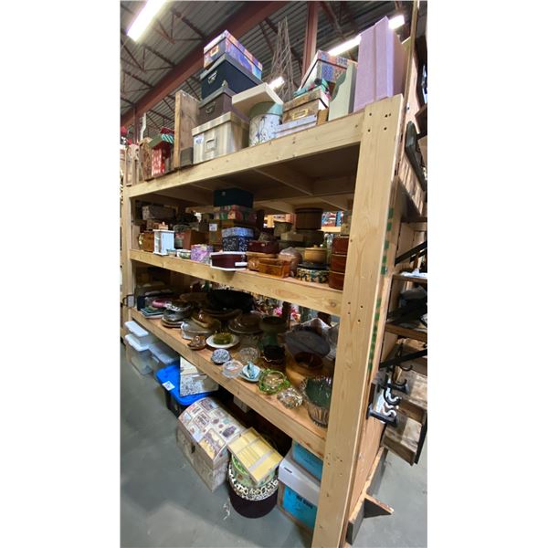 4 SHELVES FULL OF ASSORTED DECORATIVE PIECES -BOXES, BOWLS, TRAYS, CANDLES, TINS AND MORE