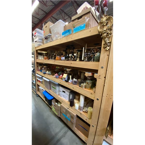 4 SHELVES FULL OF ASSORTED DECORATIVE PIECES - CANDLE HOLDERS, GLASSWARE, CANDLES AND MORE