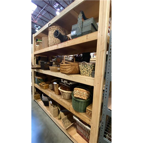 4 SHELVES FULL OF ASSORTED DECORATIVE WOVEN BASKETS