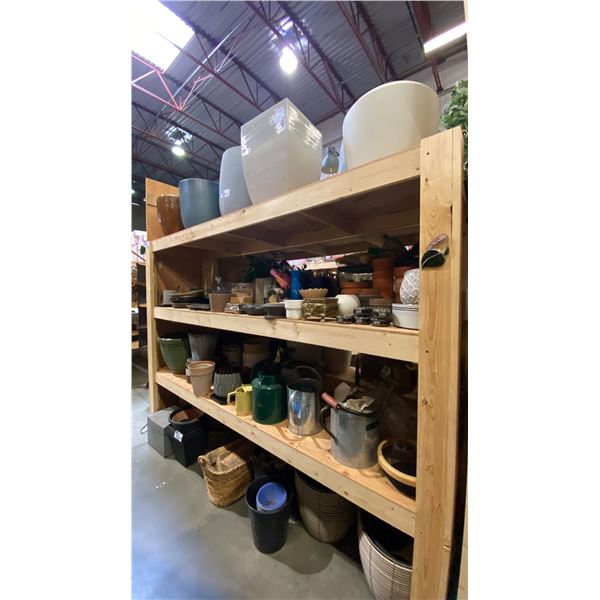 4 SHELVES FULL OF ASSORTED DECORATIVE PIECES - CERAMIC PLANTERS, WATERING CANS, BOXES AND MORE