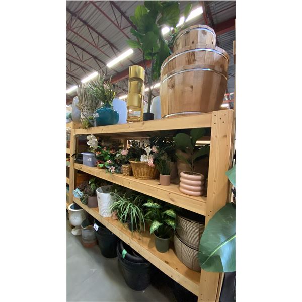 4 SHELVES FULL OF ASSORTED DECORATIVE PIECES -ARTIFICIAL PLANTS AND FLOWERS, PLANTERS AND STANDS