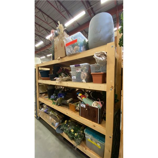 4 SHELVES FULL OF ASSORTED DECORATIVE PIECES - ARTIFICIAL FLOWERS, PLANTERS AND MORE
