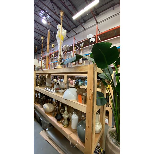 4 SHELVES FULL OF ASSORTED  MODERN & VINTAGE LAMPS - FLOOR LAMPS, TABLE LAMPS, LANTERNS AND PARTS