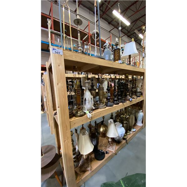 4 SHELVES FULL OF ASSORTED  MODERN & VINTAGE LAMPS - FLOOR LAMPS, TABLE LAMPS, LANTERNS AND PARTS
