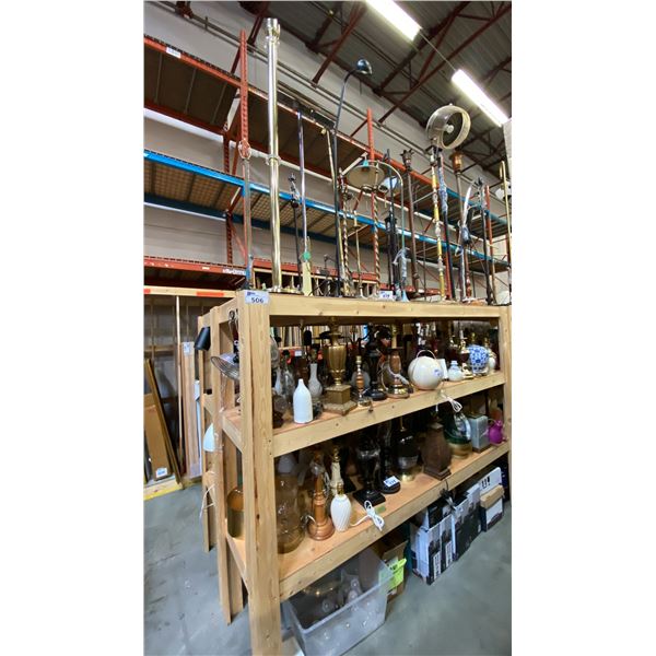 4 SHELVES FULL OF ASSORTED  MODERN & VINTAGE LAMPS - FLOOR LAMPS, TABLE LAMPS, LANTERNS AND PARTS