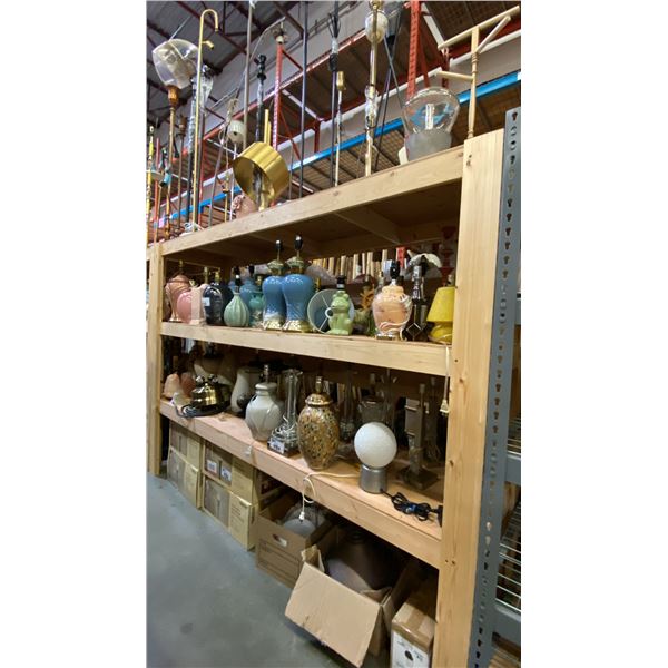 4 SHELVES FULL OF ASSORTED  MODERN & VINTAGE LAMPS - FLOOR LAMPS, TABLE LAMPS, LANTERNS AND PARTS