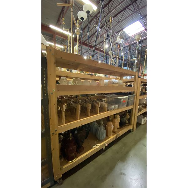 4 SHELVES FULL OF ASSORTED  MODERN & VINTAGE LAMPS - FLOOR LAMPS, TABLE LAMPS, LANTERNS AND PARTS
